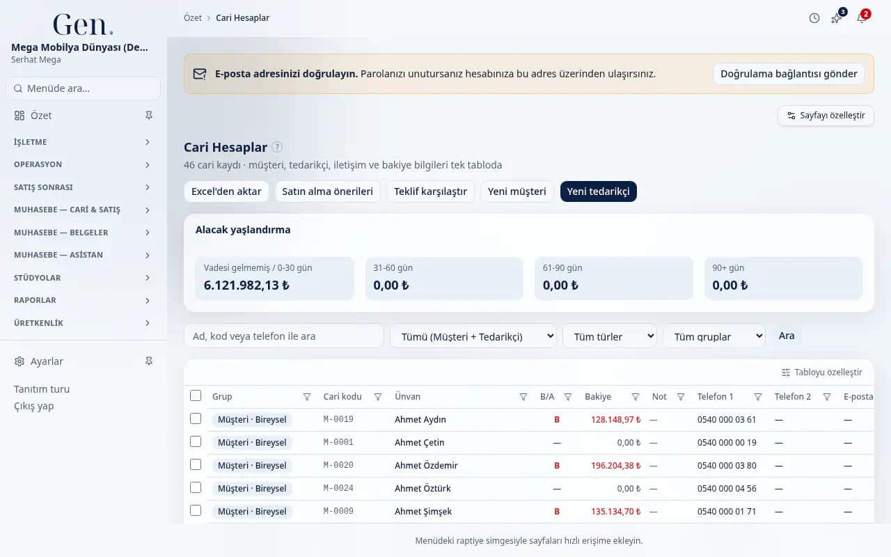 Cari hesap ekranı: müşteri bakiyeleri (demo verisi)
