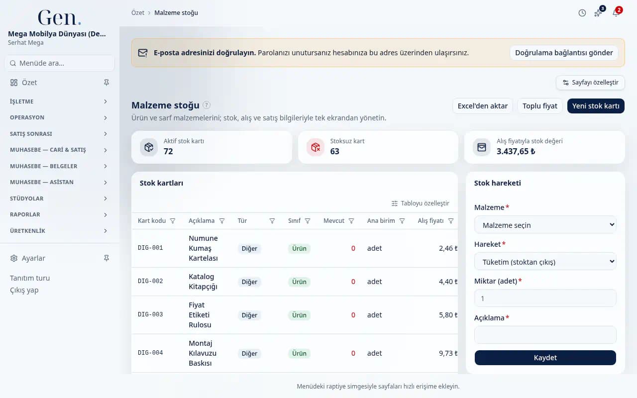 Stok kartları tablosu: mevcut, alış fiyatı ve satış fiyatı kolonları (demo verisi)