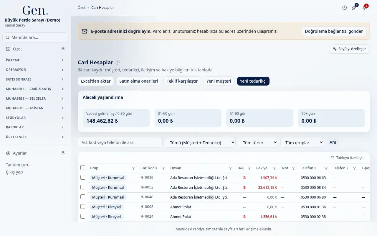 Perdeci cari hesap ekranı (demo verisi)